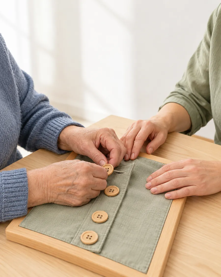 Hände bei einer Alltagsübung am Therapietisch: Knöpfe an einem Übungsbrett schließen