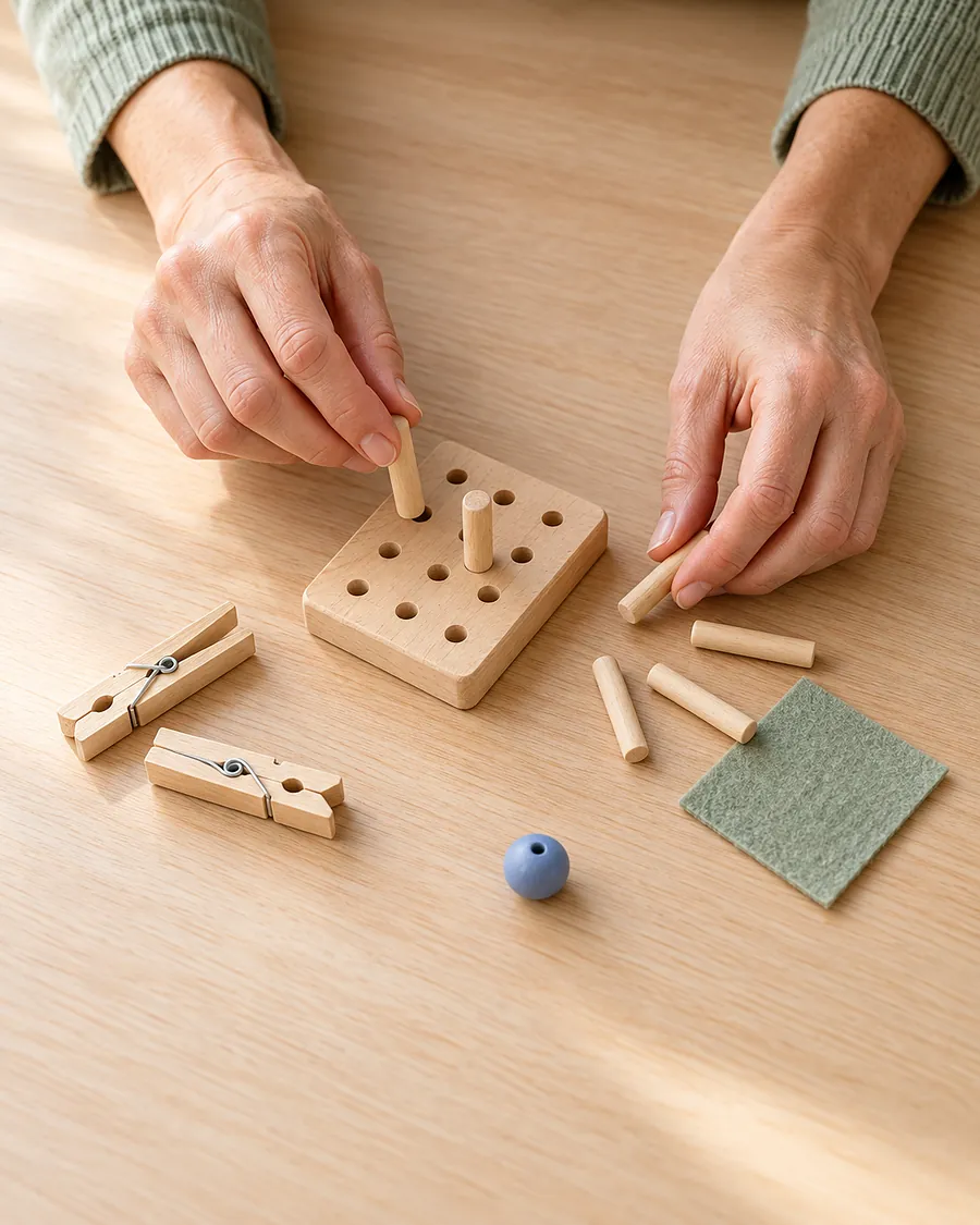 Hände sortieren kleine Holzteile und eine Wäscheklammer auf einem hellen Holztisch