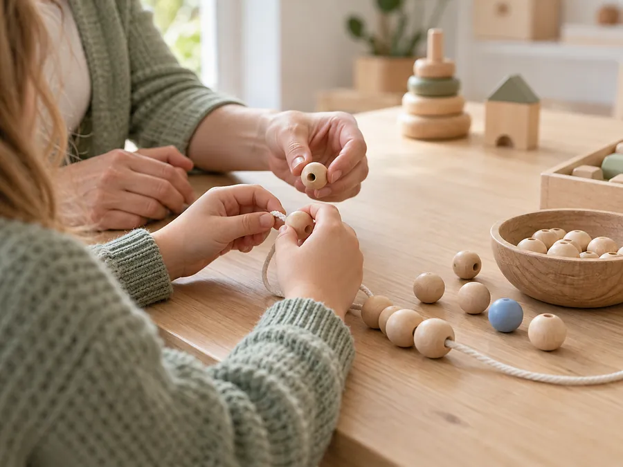 Kinderhände fädeln Holzperlen auf eine Schnur
