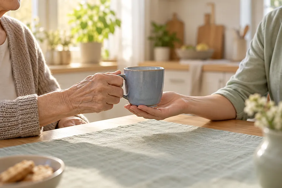 Ältere Hände greifen in einer wohnlichen Küche eine Tasse